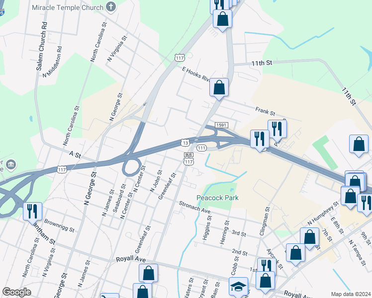 map of restaurants, bars, coffee shops, grocery stores, and more near 1311 Greenleaf Street in Goldsboro
