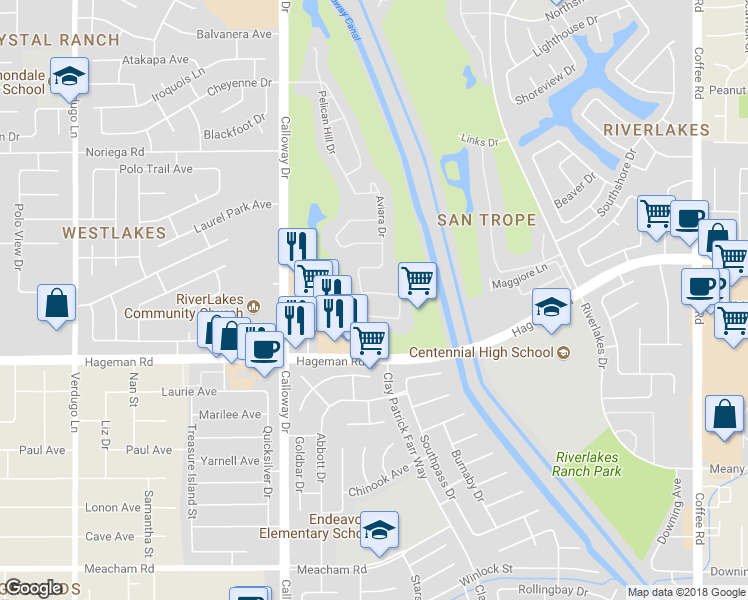 map of restaurants, bars, coffee shops, grocery stores, and more near 9305 Shandin Hills Lane in Bakersfield