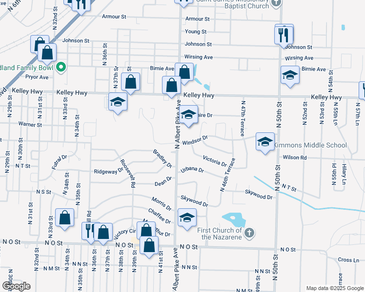 map of restaurants, bars, coffee shops, grocery stores, and more near 4208 Windsor Drive in Fort Smith