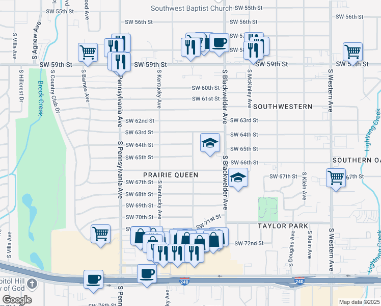 map of restaurants, bars, coffee shops, grocery stores, and more near 1401 Southwest 65th Street in Oklahoma City