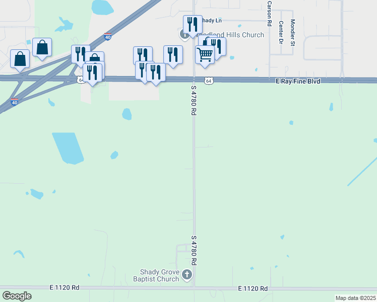 map of restaurants, bars, coffee shops, grocery stores, and more near 111358 South 4780 Road in Roland