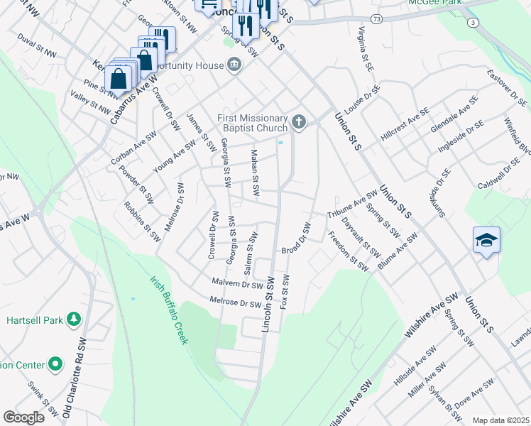 map of restaurants, bars, coffee shops, grocery stores, and more near 184 Booker Drive Southwest in Concord