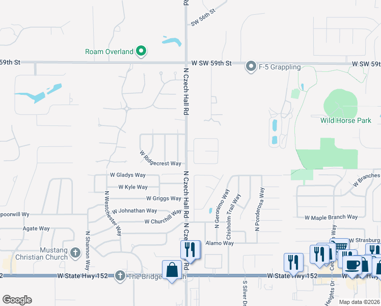 map of restaurants, bars, coffee shops, grocery stores, and more near 912 North Barn Hill Way in Mustang