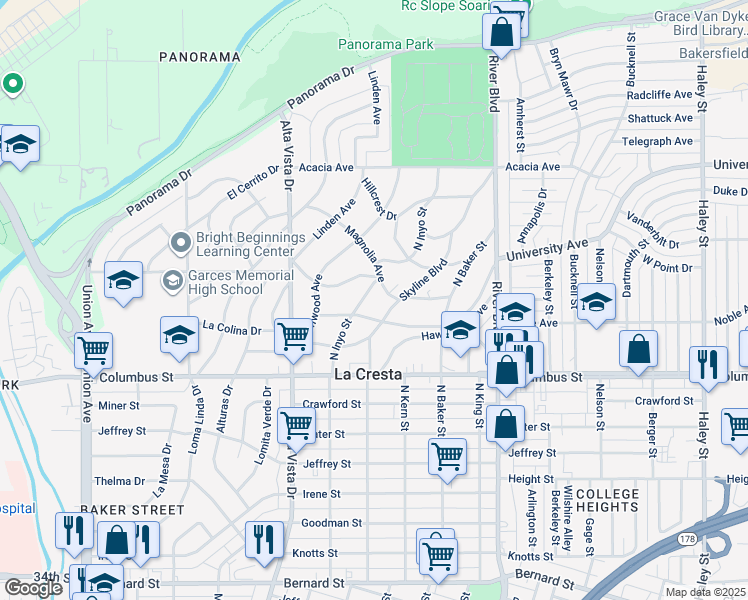 map of restaurants, bars, coffee shops, grocery stores, and more near 2861 North Inyo Street in Bakersfield