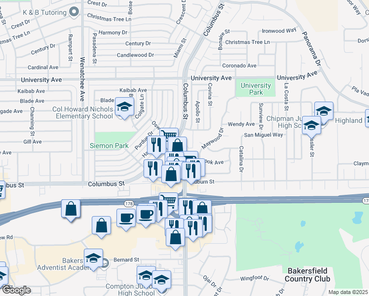 map of restaurants, bars, coffee shops, grocery stores, and more near 2949 Oswell Street in Bakersfield