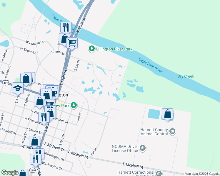 map of restaurants, bars, coffee shops, grocery stores, and more near 605 East Harnett Street in Lillington