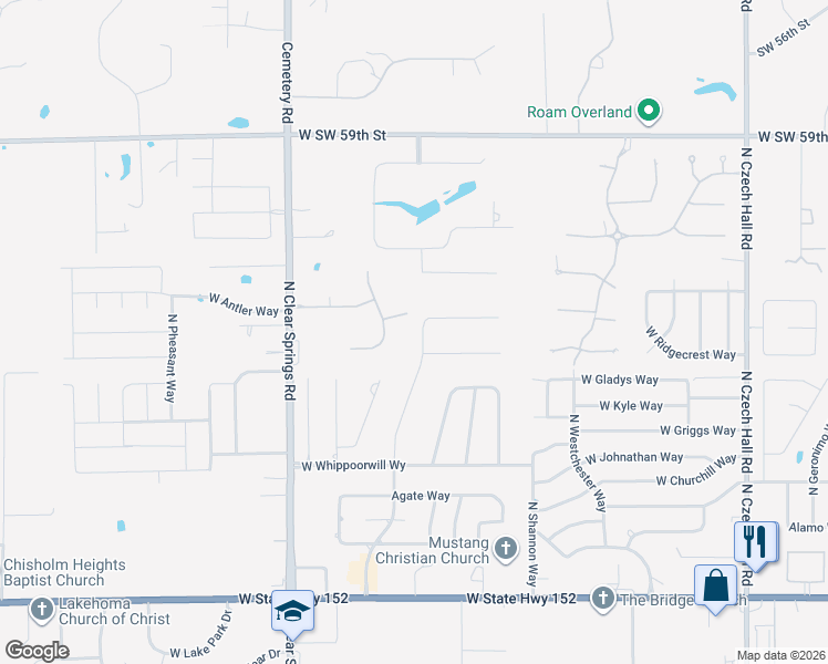 map of restaurants, bars, coffee shops, grocery stores, and more near 913 North Centennial Way in Mustang