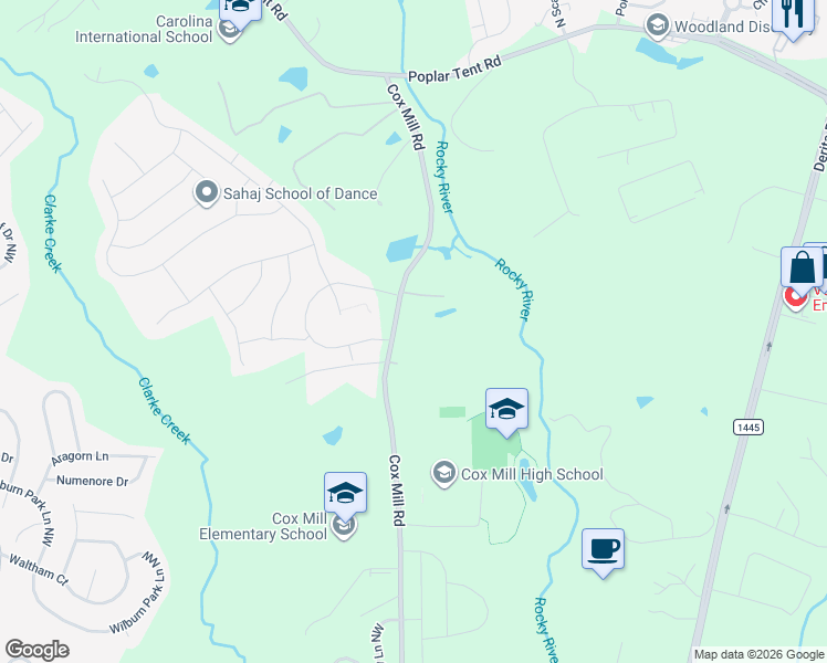 map of restaurants, bars, coffee shops, grocery stores, and more near 1041 Cox Mill Road in Concord