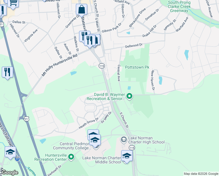 map of restaurants, bars, coffee shops, grocery stores, and more near 13200 South Old Statesville Road in Huntersville