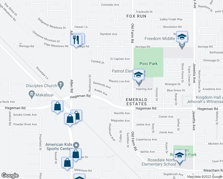 map of restaurants, bars, coffee shops, grocery stores, and more near 4409 Himalayas Drive in Bakersfield
