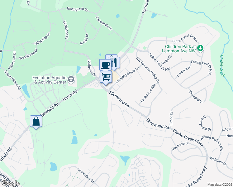 map of restaurants, bars, coffee shops, grocery stores, and more near 11169 J. C. Murray Drive Northwest in Concord