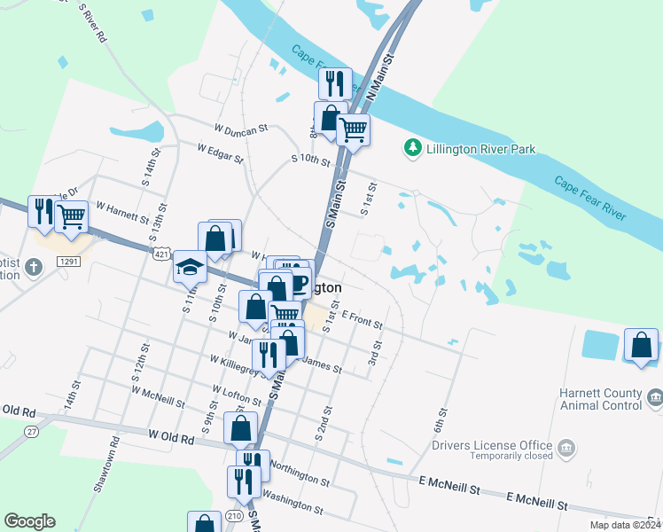 map of restaurants, bars, coffee shops, grocery stores, and more near 601 South Main Street in Lillington