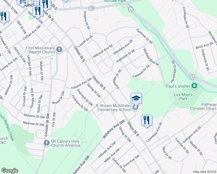 map of restaurants, bars, coffee shops, grocery stores, and more near 445 Union Street South in Concord