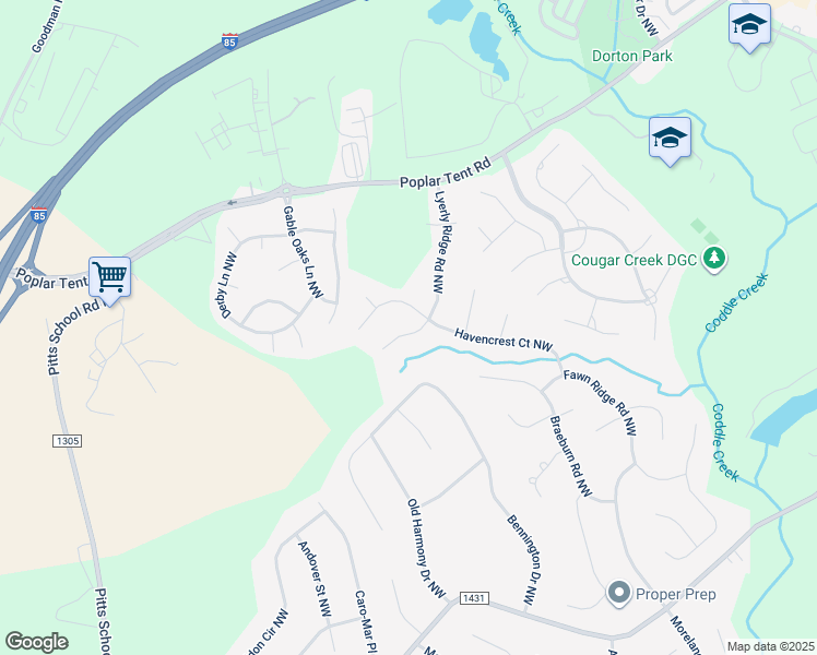 map of restaurants, bars, coffee shops, grocery stores, and more near 1018 Lyerly Ridge Road Northwest in Concord