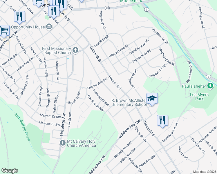 map of restaurants, bars, coffee shops, grocery stores, and more near 383 Spring Street Southwest in Concord