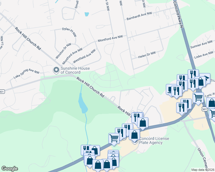 map of restaurants, bars, coffee shops, grocery stores, and more near 2720 Rock Hill Church Road in Concord