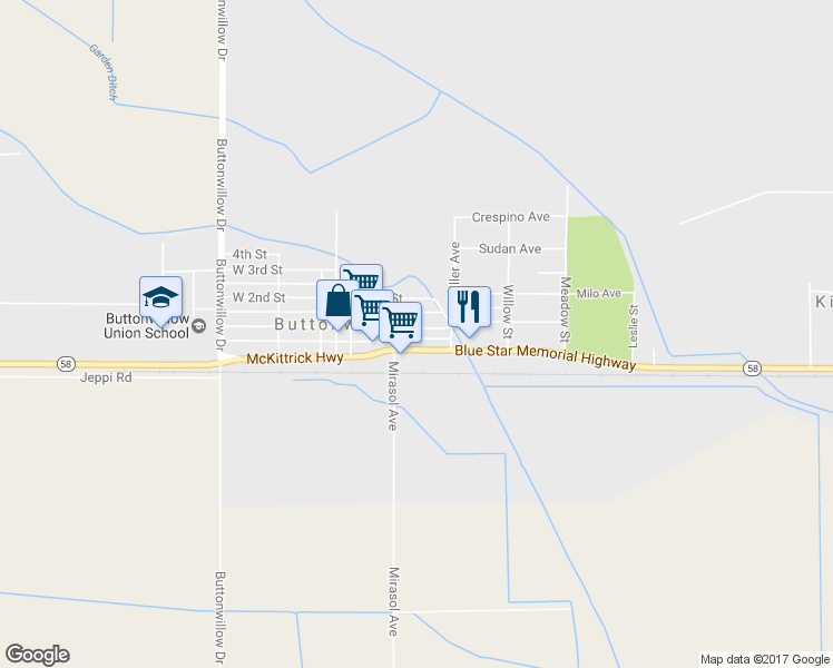 map of restaurants, bars, coffee shops, grocery stores, and more near 235 East 1st Street in Buttonwillow