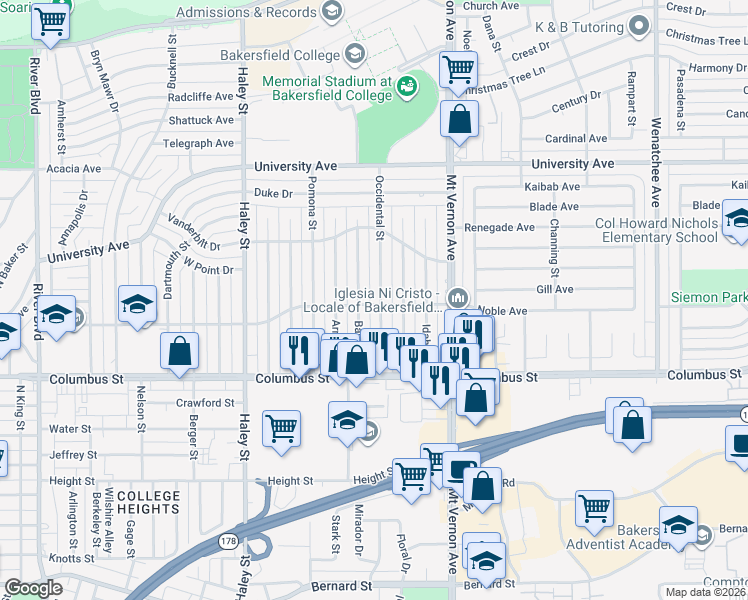 map of restaurants, bars, coffee shops, grocery stores, and more near 2824 Occidental Street in Bakersfield