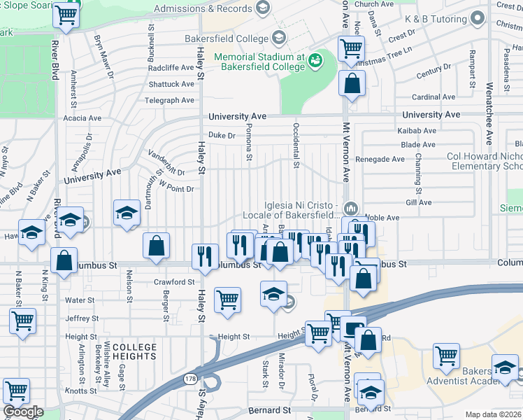 map of restaurants, bars, coffee shops, grocery stores, and more near 2824 Arnold Street in Bakersfield
