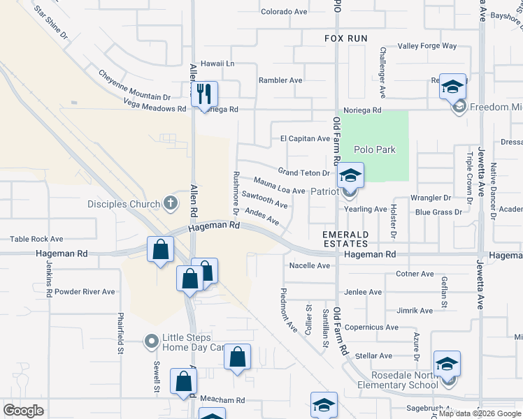 map of restaurants, bars, coffee shops, grocery stores, and more near 12601 Andes Avenue in Bakersfield
