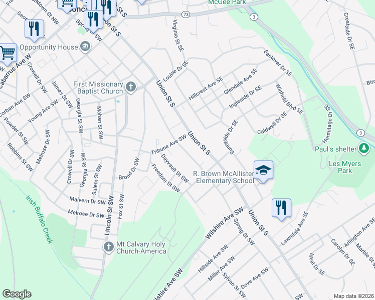 map of restaurants, bars, coffee shops, grocery stores, and more near 383 Spring Street Southwest in Concord