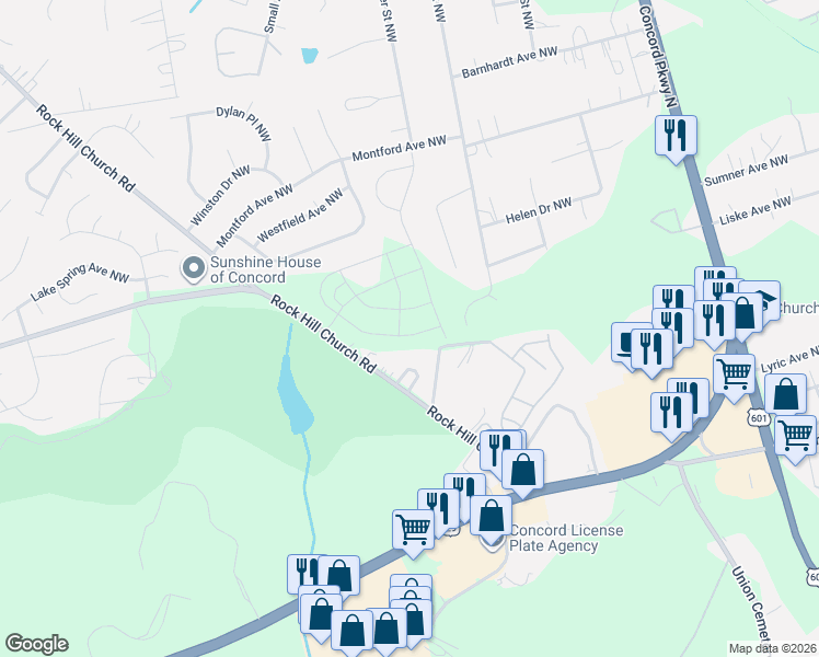 map of restaurants, bars, coffee shops, grocery stores, and more near 1210 Cavalier Court Northwest in Concord