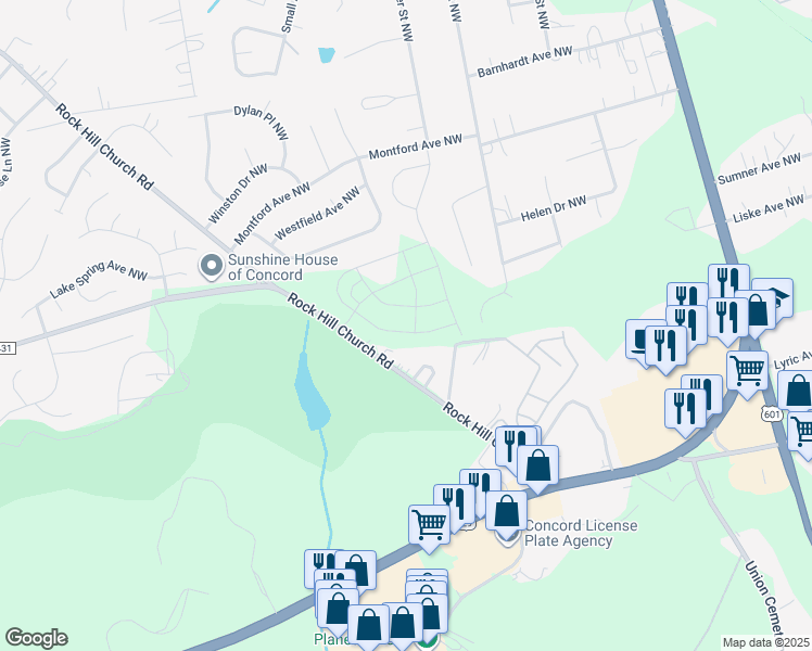 map of restaurants, bars, coffee shops, grocery stores, and more near 2720 Rock Hill Church Road in Concord