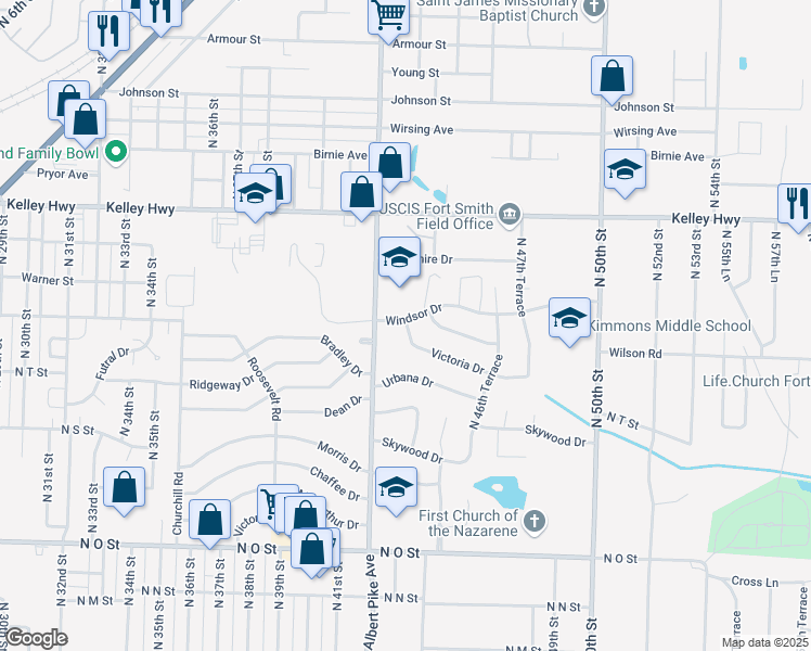 map of restaurants, bars, coffee shops, grocery stores, and more near 4208 Windsor Drive in Fort Smith