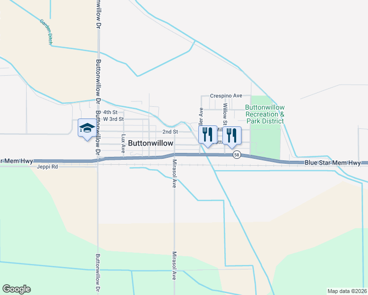 map of restaurants, bars, coffee shops, grocery stores, and more near 235 East 1st Street in Buttonwillow