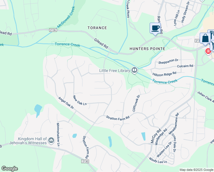 map of restaurants, bars, coffee shops, grocery stores, and more near 9135 Agnes Park Lane in Huntersville