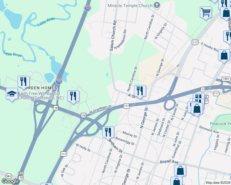 map of restaurants, bars, coffee shops, grocery stores, and more near 1317 North Florida Street in Goldsboro