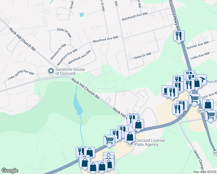 map of restaurants, bars, coffee shops, grocery stores, and more near 1210 Cavalier Court Northwest in Concord
