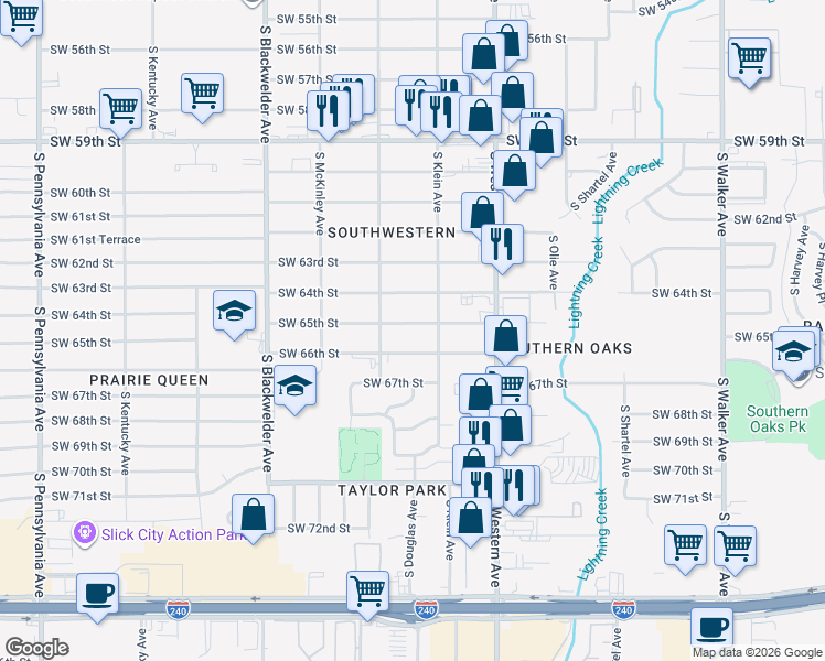 map of restaurants, bars, coffee shops, grocery stores, and more near 1012 Southwest 65th Street in Oklahoma City