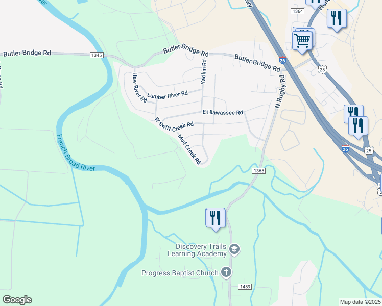 map of restaurants, bars, coffee shops, grocery stores, and more near 130 Mud Creek Road in Fletcher