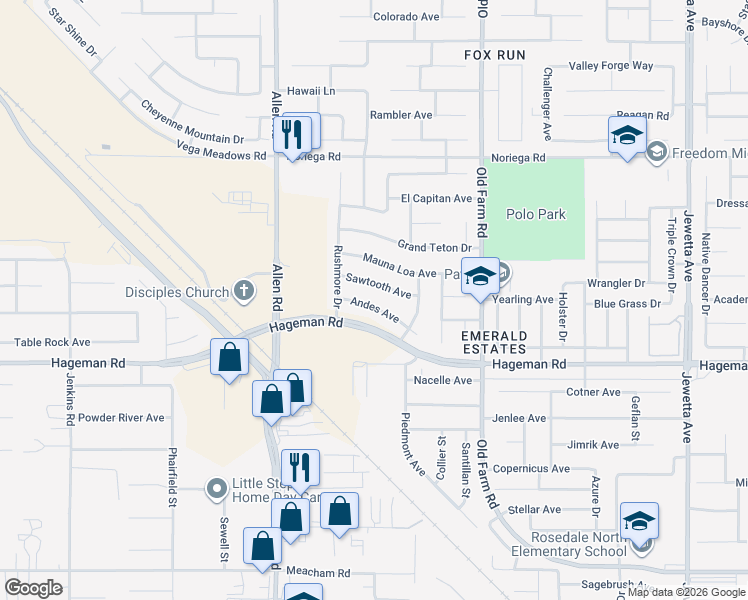 map of restaurants, bars, coffee shops, grocery stores, and more near 12601 Andes Avenue in Bakersfield