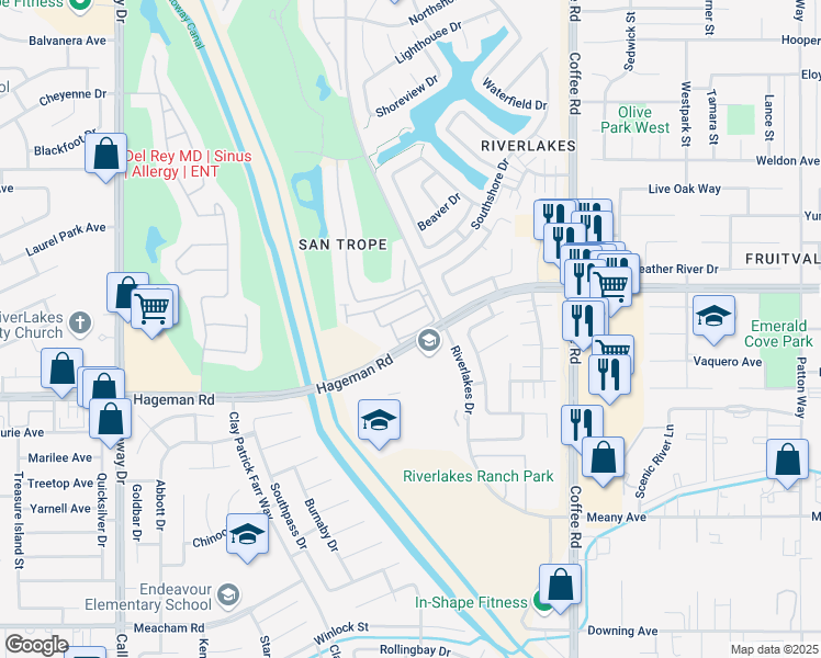map of restaurants, bars, coffee shops, grocery stores, and more near 8626 Bolsena Lane in Bakersfield