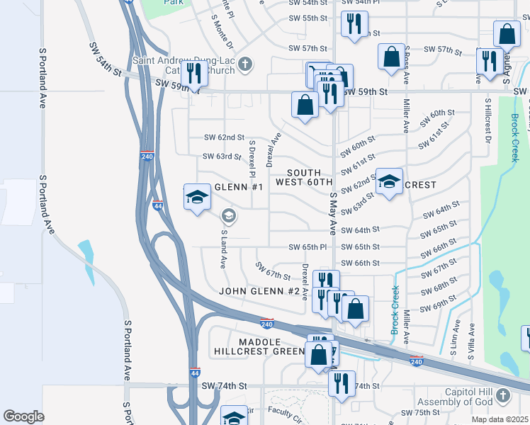 map of restaurants, bars, coffee shops, grocery stores, and more near 3116 Southwest 65th Street in Oklahoma City