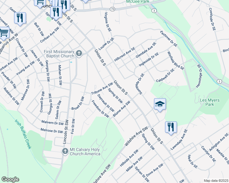 map of restaurants, bars, coffee shops, grocery stores, and more near 383 Spring Street Southwest in Concord