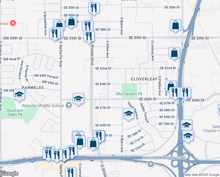 map of restaurants, bars, coffee shops, grocery stores, and more near 6512 South Stiles Avenue in Oklahoma City