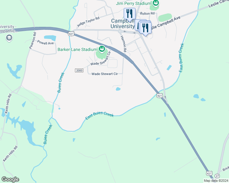 map of restaurants, bars, coffee shops, grocery stores, and more near 222 Hatcher Street in Lillington