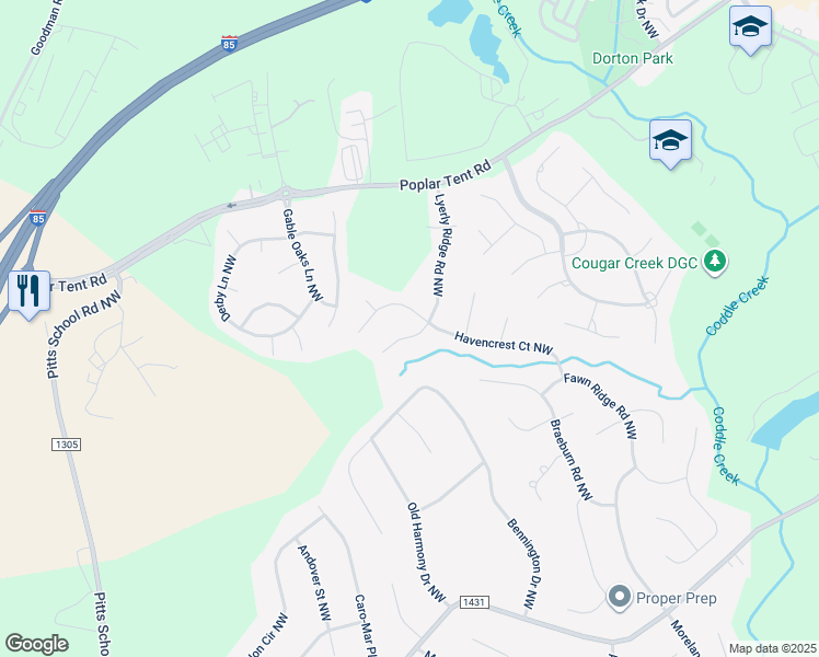 map of restaurants, bars, coffee shops, grocery stores, and more near 1018 Lyerly Ridge Road Northwest in Concord