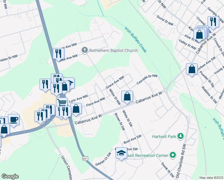 map of restaurants, bars, coffee shops, grocery stores, and more near 76 White Street Southwest in Concord
