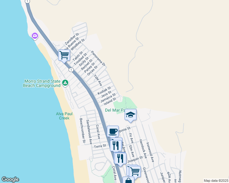 map of restaurants, bars, coffee shops, grocery stores, and more near 480 Java Street in Morro Bay