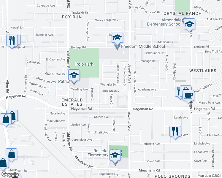 map of restaurants, bars, coffee shops, grocery stores, and more near 11502 Blue Grass Drive in Bakersfield