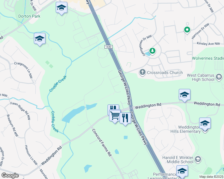 map of restaurants, bars, coffee shops, grocery stores, and more near 573 Weyburn Drive Northwest in Concord