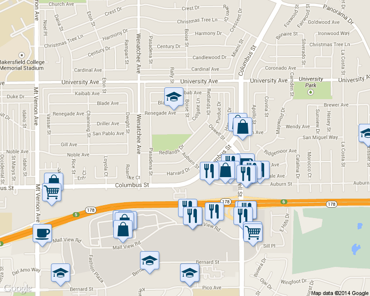 map of restaurants, bars, coffee shops, grocery stores, and more near 3407 Redlands Drive in Bakersfield