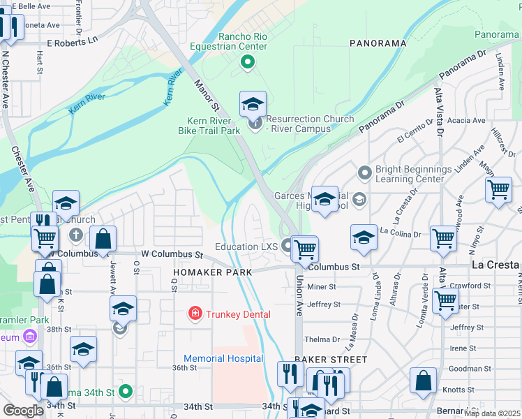 map of restaurants, bars, coffee shops, grocery stores, and more near 4413 Tierra Verde Street in Bakersfield