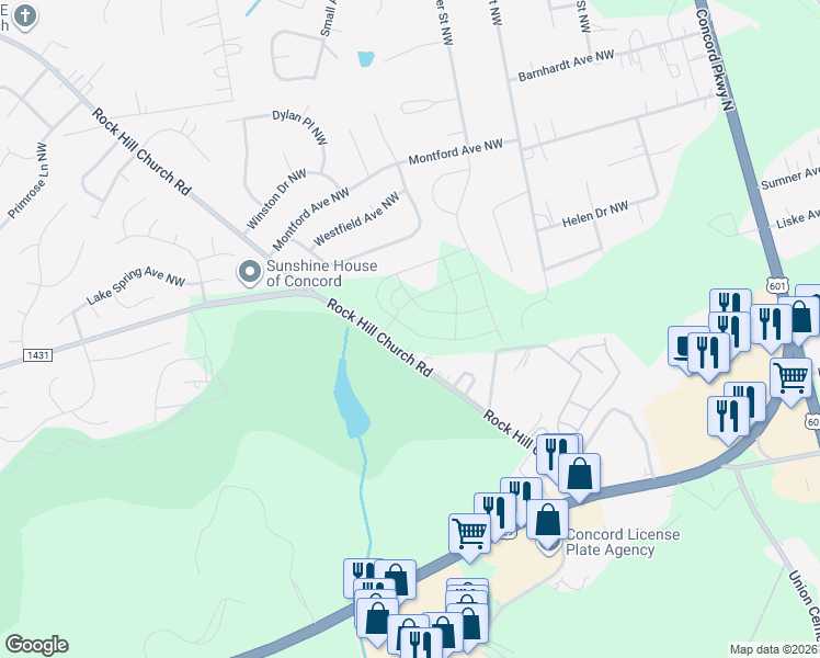 map of restaurants, bars, coffee shops, grocery stores, and more near 2750 Rock Hill Church Road in Concord