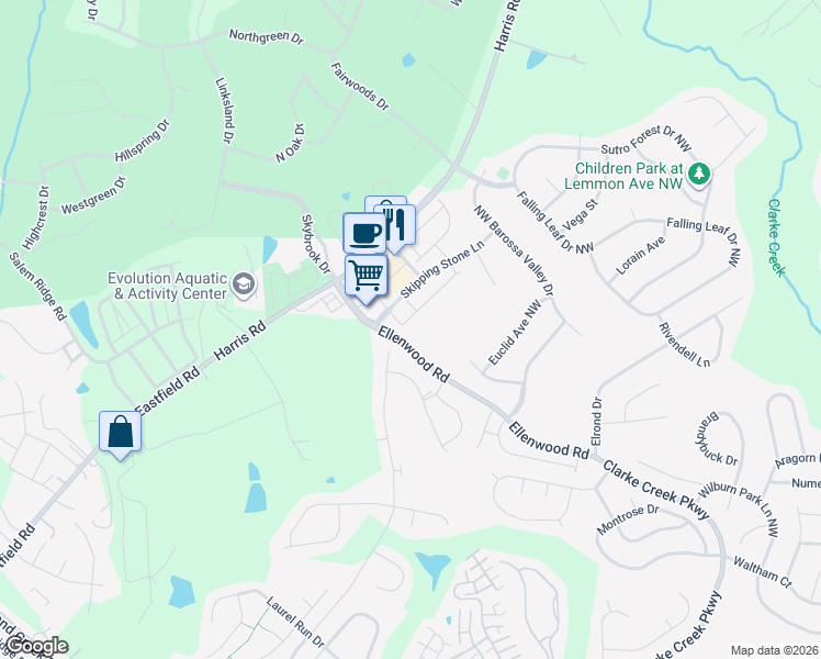 map of restaurants, bars, coffee shops, grocery stores, and more near 11169 J. C. Murray Drive Northwest in Concord