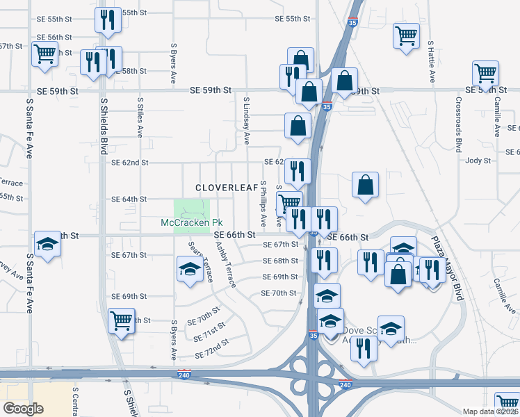 map of restaurants, bars, coffee shops, grocery stores, and more near 6520 South Lindsay Avenue in Oklahoma City